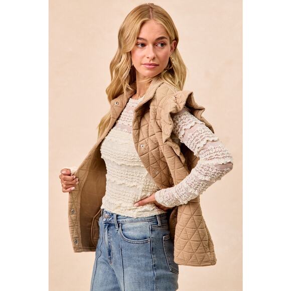 BiBi Diamond Print Ruffle Sleeves Pocket Oversized Quilted Vest Jacket | Oatmeal - Picture 7 of 8